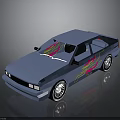Blue Car with Colorful Flame Decals and Stylish Rims 3D Render