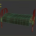 Rusted Iron Bed Frame with Red White Accents and Green Cloth Covered Mattress