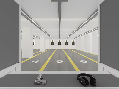 Indoor Shooting Sports Training Area With Targets Numbered Floor Lines Headphones And Firearm 3d model