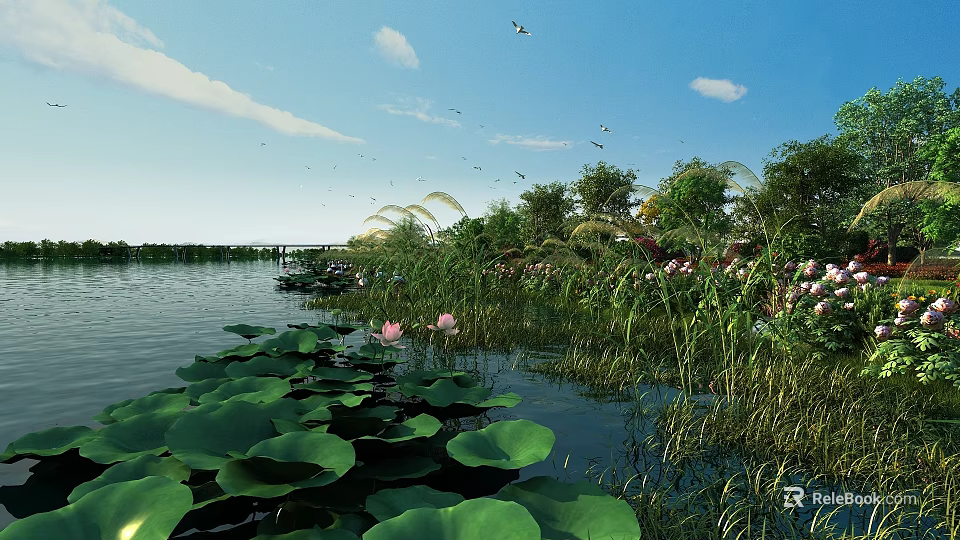Serene Lake Landscape With Lotus Leaves Lotus Flowers Green Plants And Birds In Blue Sky 3d model 