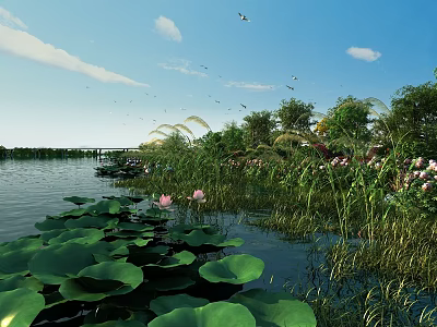 Serene Lake Landscape With Lotus Leaves Lotus Flowers Green Plants And Birds In Blue Sky 3d model
