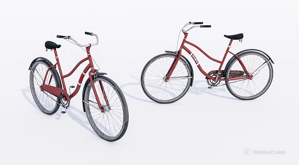 Two Red Classic Bicycles With Vintage Frames And Black Seats 3d model 