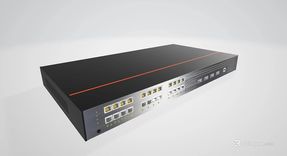 Black Network Device With Orange Stripe Multiple Ethernet Ports And Front Panel Buttons 3d model 