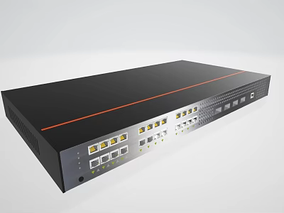 Black Network Device With Orange Stripe Multiple Ethernet Ports And Front Panel Buttons 3d model