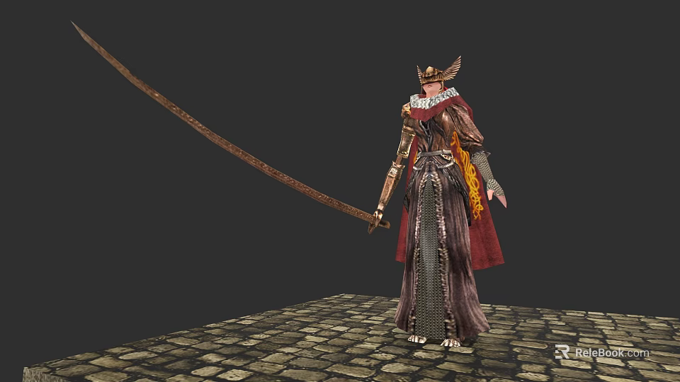 Mythical Armored Character With Horned Helmet Red Cape And Longsword On Stone Brick Floor 3d model 