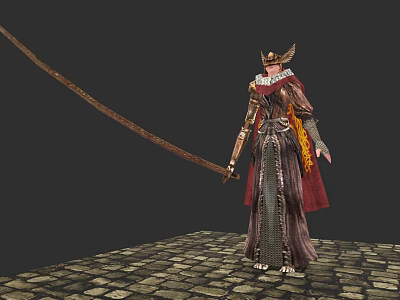Mythical Armored Character With Horned Helmet Red Cape And Longsword On Stone Brick Floor 3d model