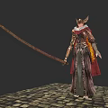 Mythical Armored Character With Horned Helmet Red Cape And Longsword On Stone Brick Floor