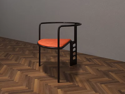 Modern Dining Chair With Black Frame Orange Padded Seat And Armrests On Wooden Herringbone Floor 3d model