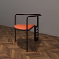Modern Dining Chair With Black Frame Orange Padded Seat And Armrests On Wooden Herringbone Floor