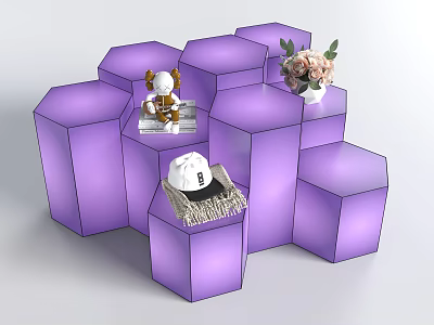 Purple Hexagonal Display Shelves With Teddy Bear Hat And Flower Bouquet On Top 3d model