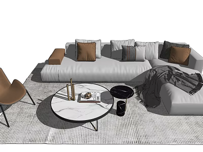 Stylish Modern Sofa And Coffee Table Set With Marble Top Pillows And Decorative Items 3d model