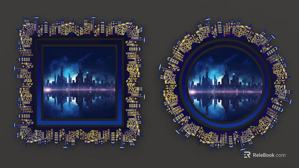 Square And Round Framed City Night Art With Water Reflections And Gold Blue Borders 3d model 