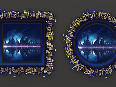 Square And Round Framed City Night Art With Water Reflections And Gold Blue Borders 3d model