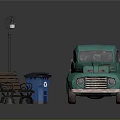 Outdoor Street Scene With Green Vintage Truck Wooden Bench Street Lamp And Trash Bin