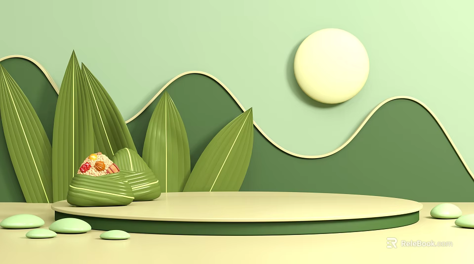 Landscape Sculpture With Green Background Wavy Mountains Circular Moon Bamboo Leaves Zongzi On Circular Platform 3d model 