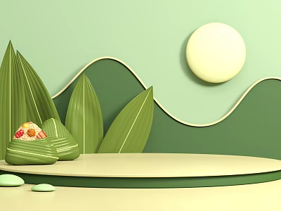 Landscape Sculpture With Green Background Wavy Mountains Circular Moon Bamboo Leaves Zongzi On Circular Platform 3d model