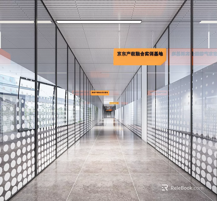 Modern Elevator Hallway With Glass Partitions Gray Tiled Floor And Signage 3d model 