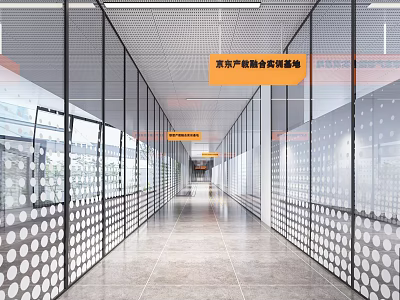 Modern Elevator Hallway With Glass Partitions Gray Tiled Floor And Signage 3d model