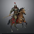 Ancient Armored Warrior Riding Brown Running Horse With Spear And Red Plume Helmet