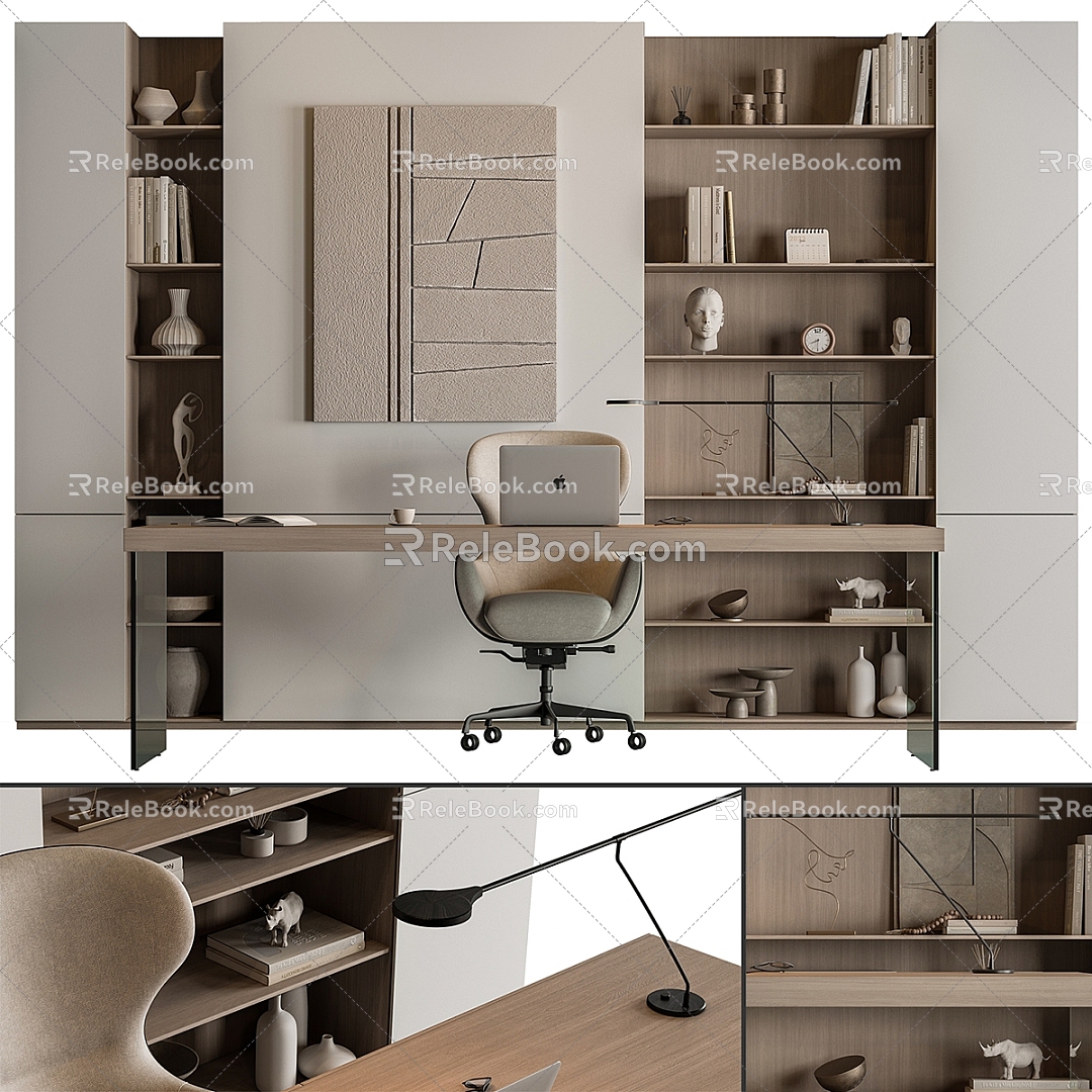 Office Desk Boss Table and Chair Bookcase Bookshelf model