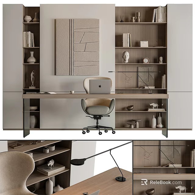 Modern Office Desk Interior With Ergonomic Chair Wooden Bookshelves Decorative Items And Laptop 3d model 