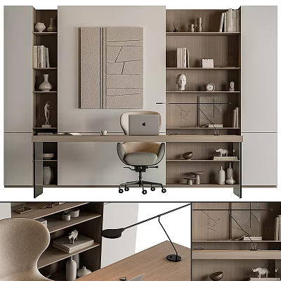 Modern Office Desk Interior With Ergonomic Chair Wooden Bookshelves Decorative Items And Laptop 3d model