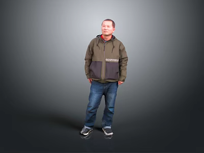 Man Standing Against Gray Background Wearing Green And Dark Green Jacket Blue Jeans And Sneakers 3d model