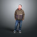 Man Standing Against Gray Background Wearing Green And Dark Green Jacket Blue Jeans And Sneakers