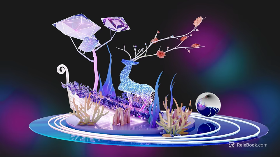 Decorative Artwork Featuring Polygonal Diamonds Deer Silhouette Glowing Floral Branches And Blue Purple Hues 3d model 