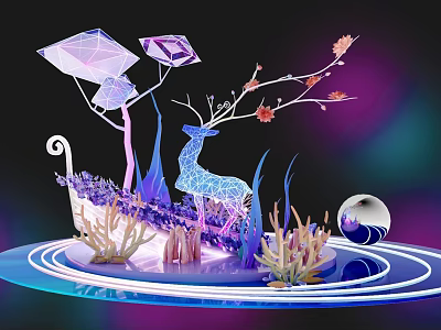 Decorative Artwork Featuring Polygonal Diamonds Deer Silhouette Glowing Floral Branches And Blue Purple Hues 3d model