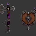 Fantasy Battle Axe And Shield With Wooden Handles Metal Frames Purple Accents And Skull Decorations