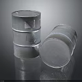 Silver Metal Drums Standing And Tilted With Label On Reflective Surface