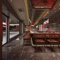 Grill Restaurant Interior Featuring Red Signboard Open Counter Wooden Stools And Dark Textured Walls