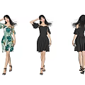 Woman Showcasing Off Shoulder Dresses In Tropical Print And Black Styles