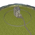 Ancient Stone Tower with Historic Architecture Stone Wall Grassland and Distant Mountains