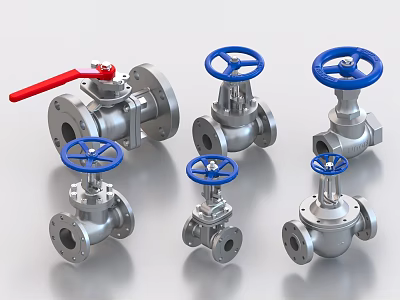 Industrial Valves Various Types With Blue Red Handwheels For Industrial Pipeline Systems 3d model