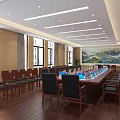 Spacious Conference Room with Long Table Wooden Floor Large Screen and Bright Windows