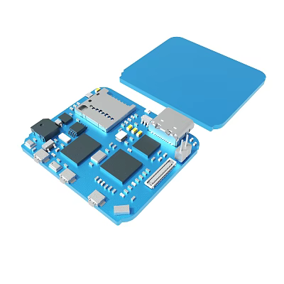 Blue Circuit Board With Electronic Components Chips Connectors And Cover 3d model