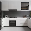 Modern Minimalist Kitchen Interior With White Cabinets Black Appliances And Gray Tile Backsplash