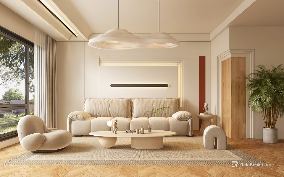 Modern Minimalist Living Room Interior With Beige Sofa Pendant Lights Coffee Table And Wooden Floor 3d model 