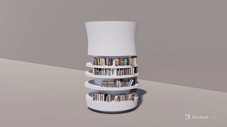 Modern White Spiral Bookcase With Multiple Shelves Filled With Various Books 3d model
