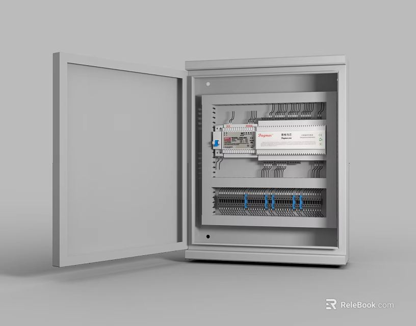 Open Door Industrial Control Cabinet Displaying Internal Electrical Components And Wiring 3d model 