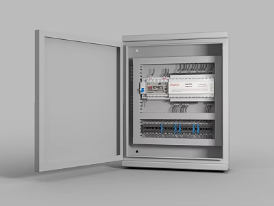 Open Door Industrial Control Cabinet Displaying Internal Electrical Components And Wiring 3d model