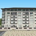 Modern Multi Story Apartment Building With Waterfront Stone Courtyard Large Glass Windows And Trees