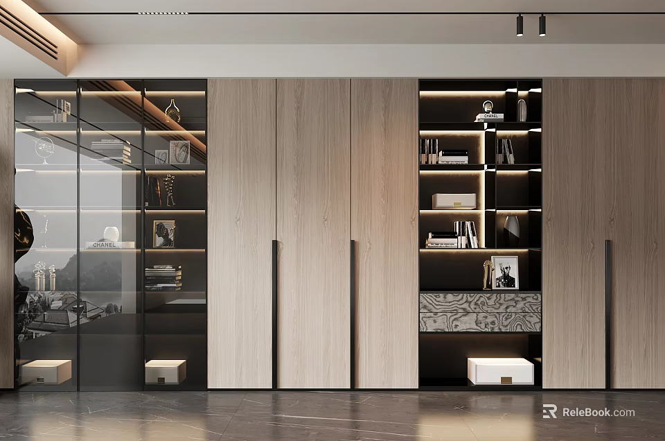 Modern Bookcase Interior Design With Wooden Glass Doors And Built in Lighting Shelves Books Decorations 3d model 