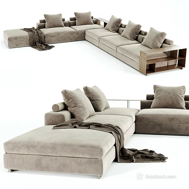 Modern Large Sectional Sofa With Light Beige Upholstery Multiple Soft Cushions And Throw Blanket 3d model