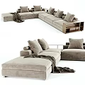 Modern Large Sectional Sofa With Light Beige Upholstery Multiple Soft Cushions And Throw Blanket 3d model
