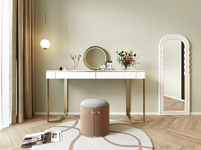 Stylish Dressing Table With White Countertop Gold Legs Round Mirror Flowers And Arched Mirror 3d model