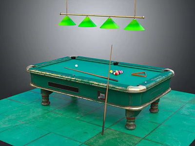 Billiard Table With Green Felt Surface Cue Stick Balls And Hanging Lights Sports Equipment 3d model
