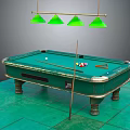 Billiard Table With Green Felt Surface Cue Stick Balls And Hanging Lights Sports Equipment
